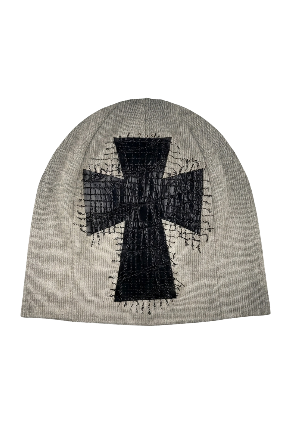 TAYLRDMADE Cross Patch Beanie in grey, flat lay product photo