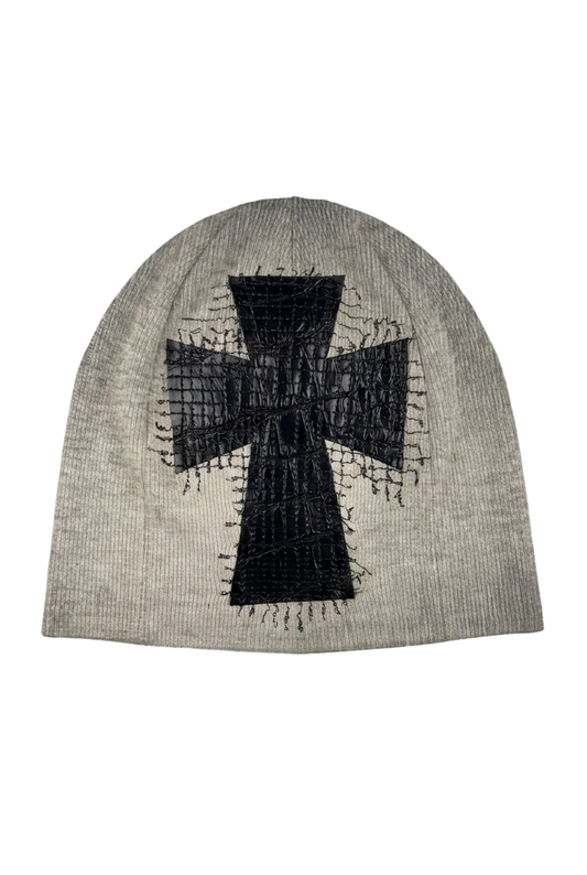 TAYLRDMADE Cross Patch Beanie in grey, flat lay product photo